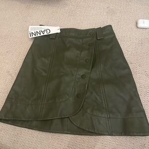 Ganni Olive Green Leather Skirt